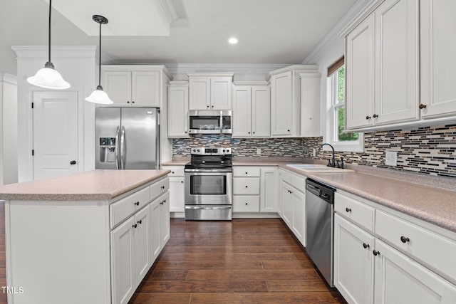 109 Rustler Rd, Louisburg, NC 27549 - kitchen with stainless steel appliances, crown molding, tasteful backsplash, white cabinetry, and dark wood-type flooring