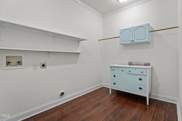 109 Rustler Rd, Louisburg, NC 27549 - washroom with washer hookup, crown molding, hookup for an electric dryer, dark wood-style floors, and cabinet space