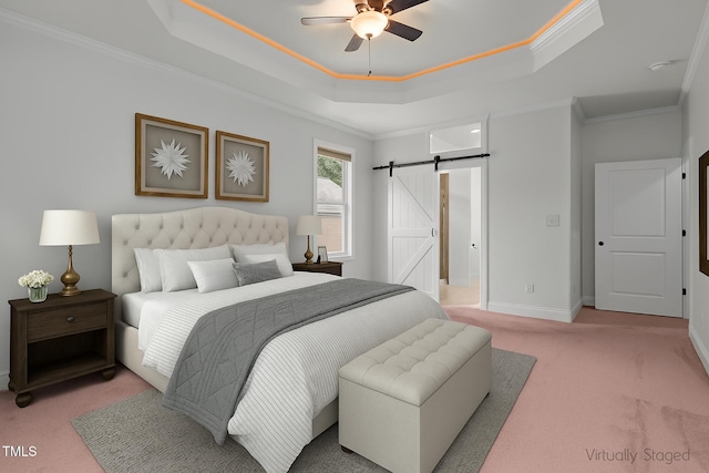 109 Rustler Rd, Louisburg, NC 27549 - bedroom featuring light carpet, a barn door, ornamental molding, and a raised ceiling