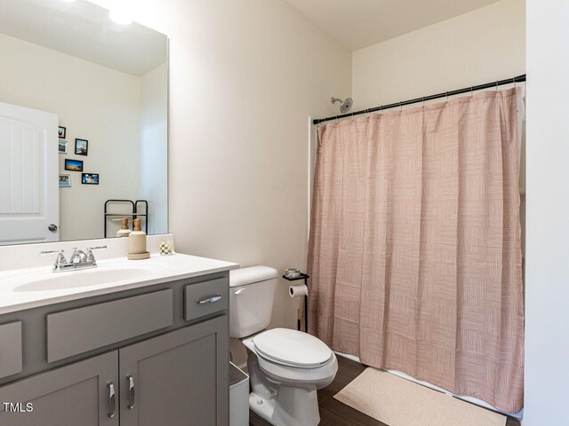 full bathroom featuring vanity, toilet, wood finished floors, and a shower with shower curtain