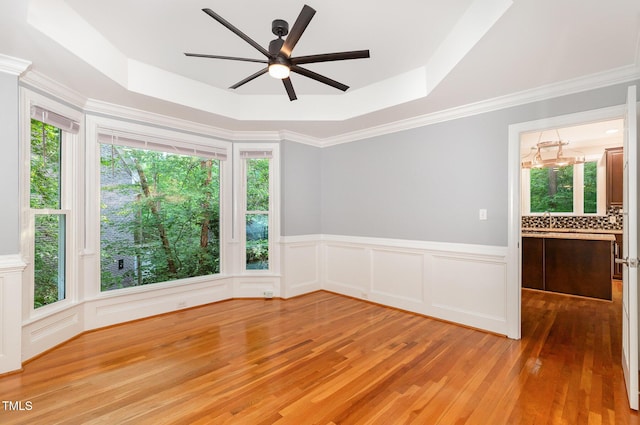 spare room with ceiling fan, plenty of natural light, and a raised ceiling