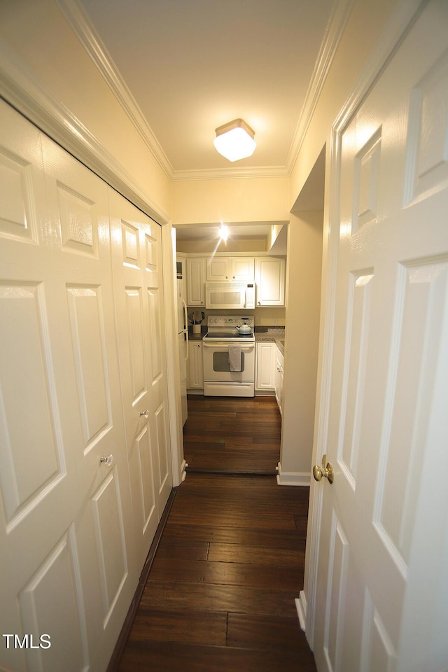 hallway with crown molding and dark wood-type flooring