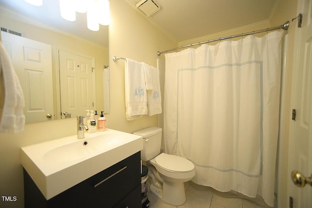 bathroom featuring vanity, toilet, tile patterned floors, visible vents, and ornamental molding