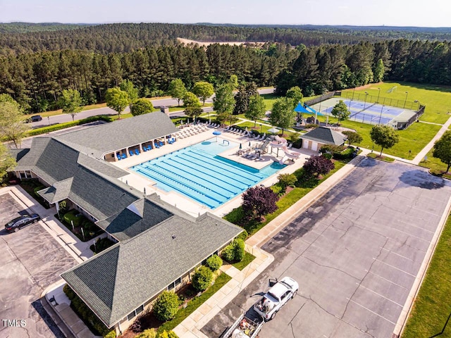bird's eye view featuring a view of trees