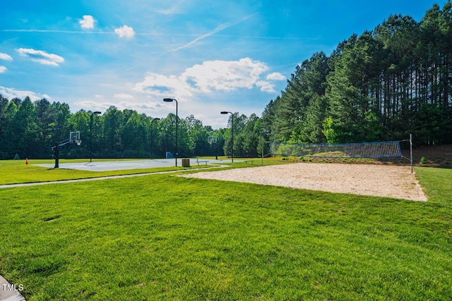 surrounding community with volleyball court, community basketball court, and a lawn