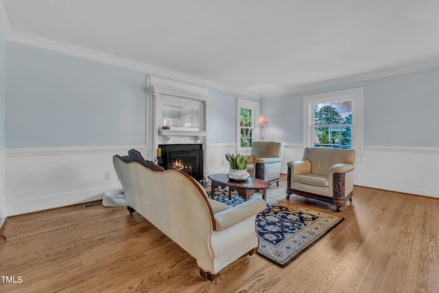 300 S Pine St, Benson, NC 27504 - living room with a fireplace, a wainscoted wall, wood finished floors, and crown molding