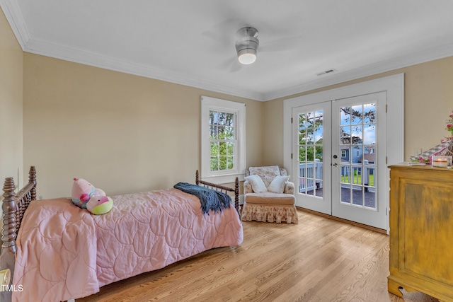 300 S Pine St, Benson, NC 27504 - bedroom featuring access to outside, french doors, wood finished floors, ornamental molding, and ceiling fan