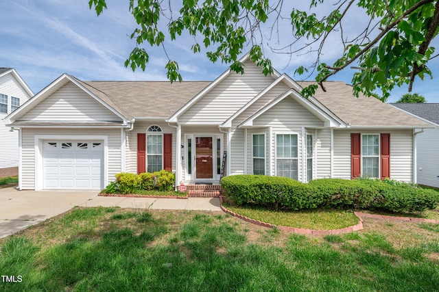 7109 Spanglers Spring Way, Raleigh, NC 27610 - ranch-style home with concrete driveway, a front lawn, roof with shingles, and a garage
