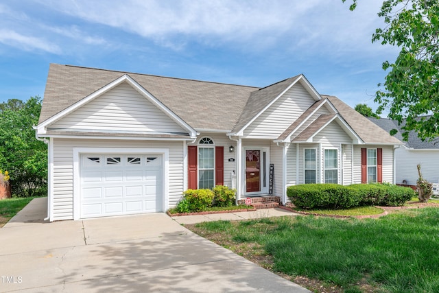 7109 Spanglers Spring Way, Raleigh, NC 27610 - ranch-style home featuring an attached garage, a shingled roof, a front lawn, and concrete driveway