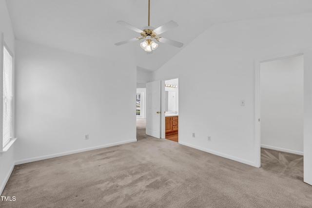 7109 Spanglers Spring Way, Raleigh, NC 27610 - unfurnished bedroom with baseboards, ensuite bathroom, high vaulted ceiling, light colored carpet, and a ceiling fan