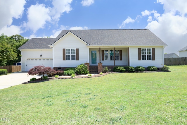 ranch-style home featuring driveway, a front yard, fence, an attached garage, and a shingled roof