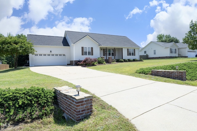 ranch-style house with a garage, concrete driveway, and a front lawn