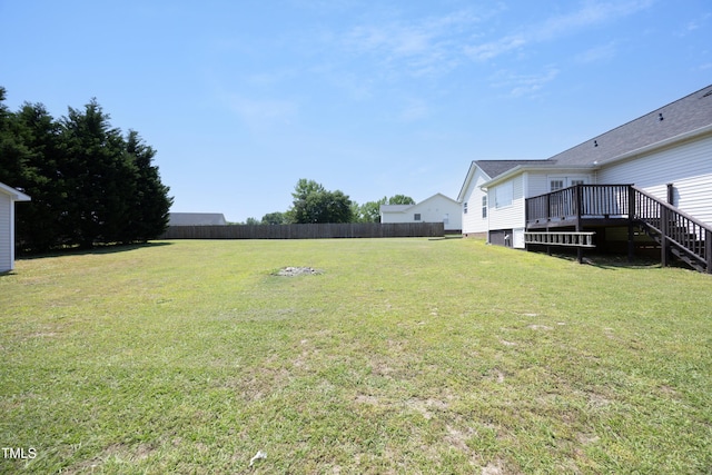 view of yard featuring a wooden deck, stairway, and fence