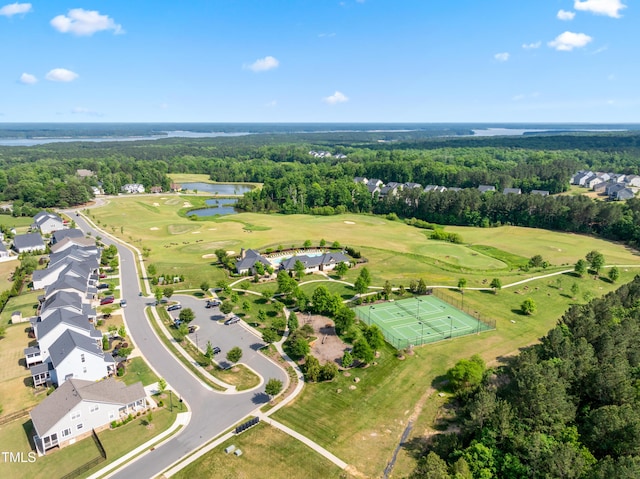 46 Waterfall Pointe, Chapel Hill, NC 27517 - drone / aerial view featuring a water view, a residential view, golf course view, and a wooded view