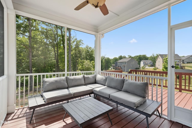46 Waterfall Pointe, Chapel Hill, NC 27517 - sunroom featuring ceiling fan, outdoor lounge area, and a residential view