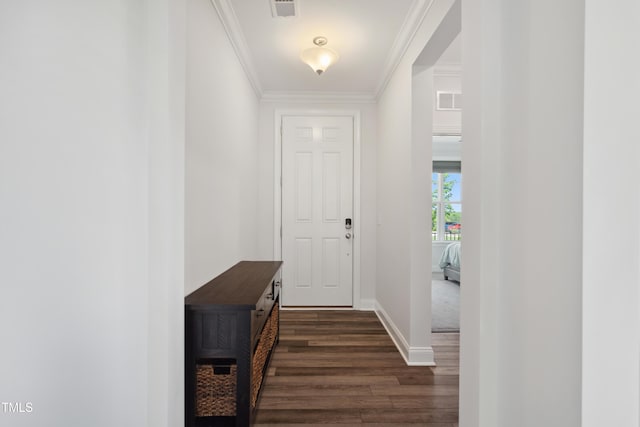 46 Waterfall Pointe, Chapel Hill, NC 27517 - interior space with baseboards, ornamental molding, visible vents, and dark wood-type flooring