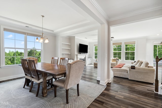 46 Waterfall Pointe, Chapel Hill, NC 27517 - dining room with an inviting chandelier, ornamental molding, dark wood-style flooring, visible vents, and baseboards