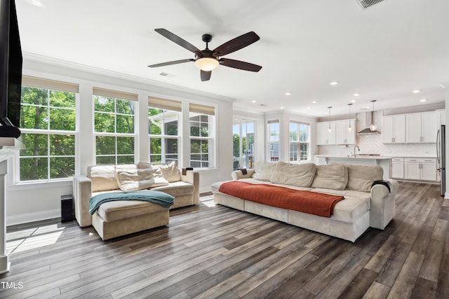 46 Waterfall Pointe, Chapel Hill, NC 27517 - living area with crown molding, a ceiling fan, visible vents, and wood finished floors