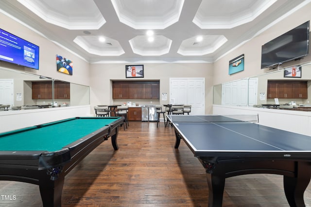 playroom featuring ornamental molding, dark wood-style flooring, coffered ceiling, and pool table