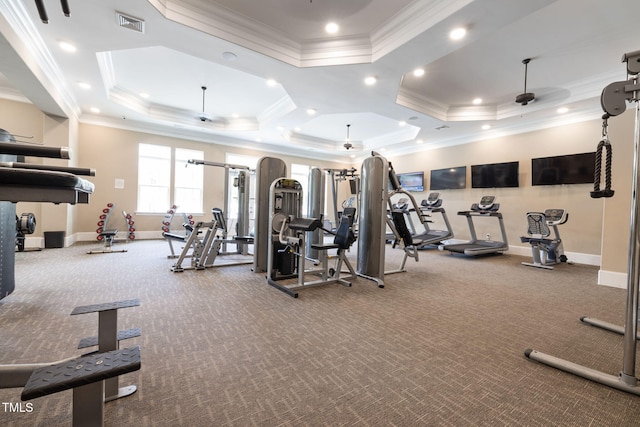 workout area with ornamental molding, baseboards, carpet, a tray ceiling, and recessed lighting