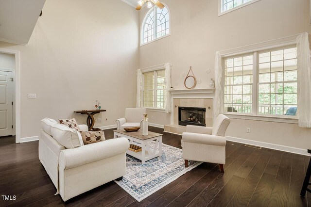 living room with baseboards, dark wood-style flooring, a towering ceiling, and a healthy amount of sunlight