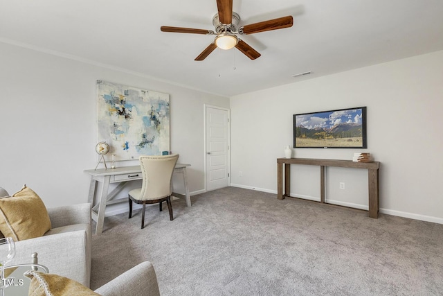 office area featuring visible vents, carpet, ceiling fan, and baseboards