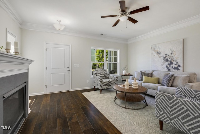 living area with dark wood-style flooring, visible vents, ornamental molding, and a fireplace