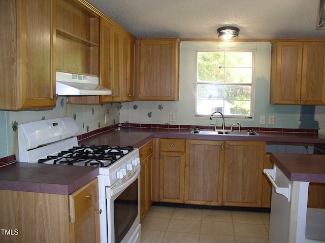 kitchen featuring gas range gas stove, a sink, under cabinet range hood, and dark countertops