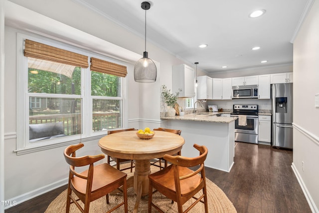 kitchen featuring crown molding, pendant lighting, dark wood-style flooring, a peninsula, and appliances with stainless steel finishes