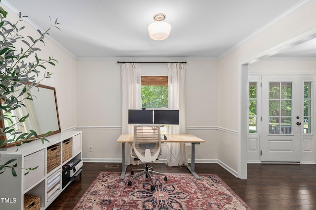 office featuring crown molding, baseboards, and dark wood finished floors