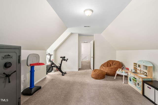 game room featuring carpet flooring, baseboards, visible vents, and lofted ceiling