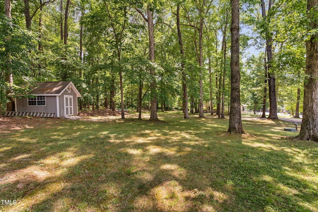 view of yard featuring an outdoor structure and a shed