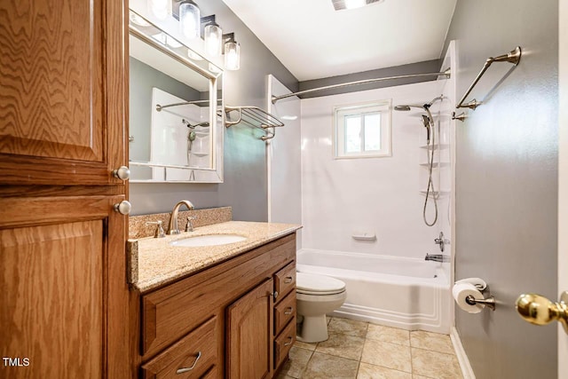 bathroom featuring vanity, tile patterned flooring, toilet, and  shower combination