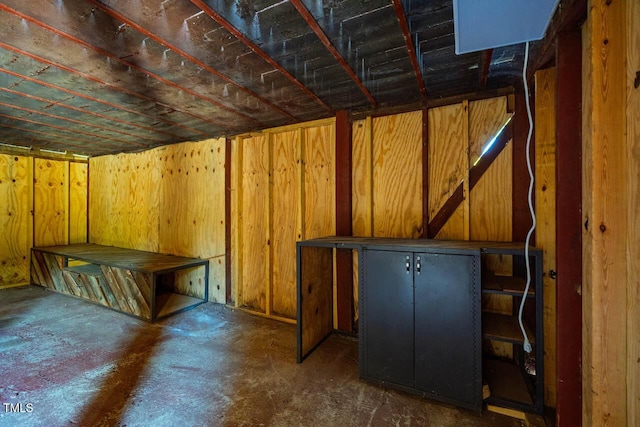 below grade area featuring wood walls