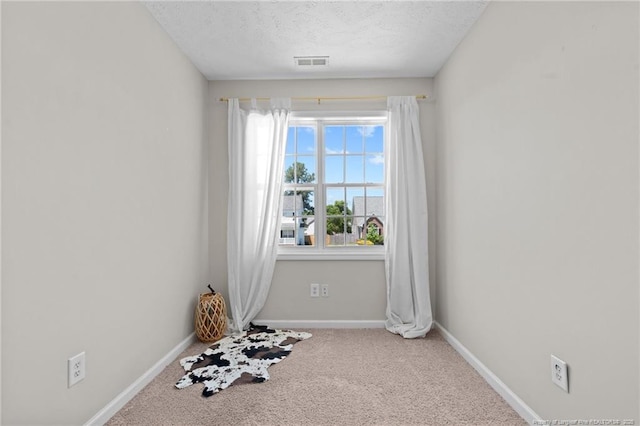 spare room with carpet floors, a textured ceiling, baseboards, and visible vents