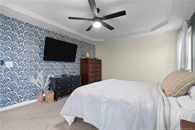 bedroom with carpet flooring, ceiling fan, and wallpapered walls