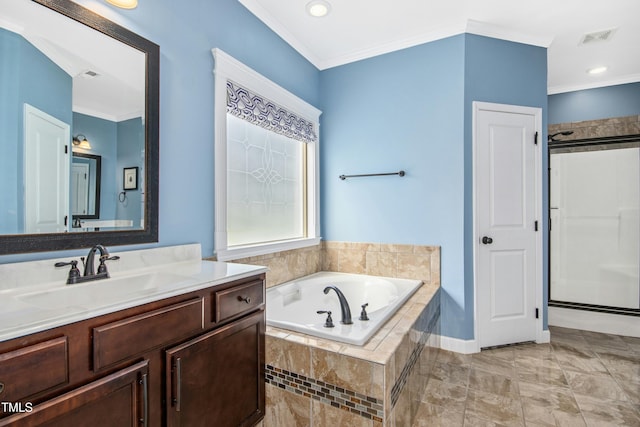 bathroom with visible vents, crown molding, a garden tub, vanity, and walk in shower