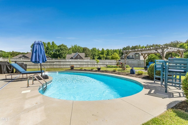 view of pool with a fenced backyard, a fenced in pool, a pergola, and a patio area