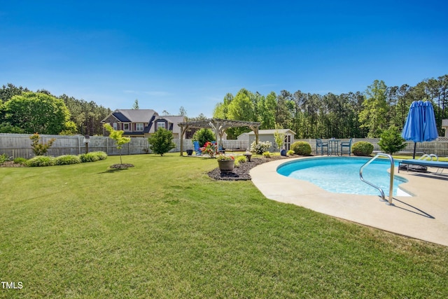 view of swimming pool featuring a fenced in pool, a fenced backyard, a yard, and a pergola