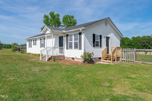640 Short Journey Rd, Smithfield, NC 27577 - view of front of house with a shingled roof, fence, a front yard, and crawl space