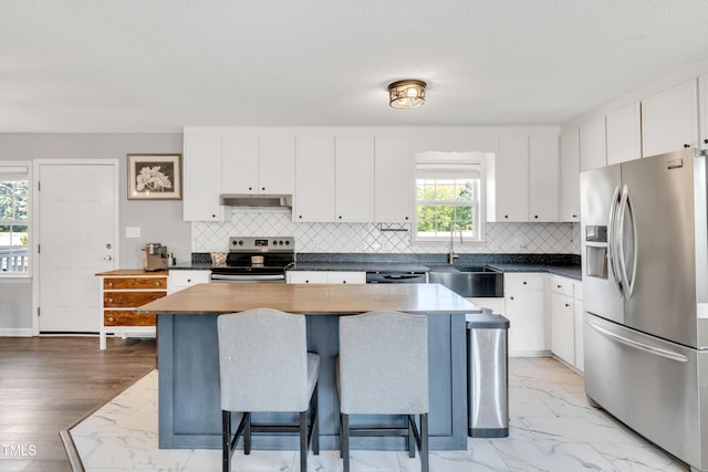 640 Short Journey Rd, Smithfield, NC 27577 - kitchen with a kitchen breakfast bar, under cabinet range hood, tasteful backsplash, a sink, and appliances with stainless steel finishes