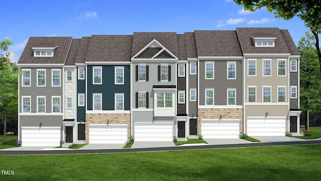 view of front facade featuring an attached garage, a front yard, and stone siding