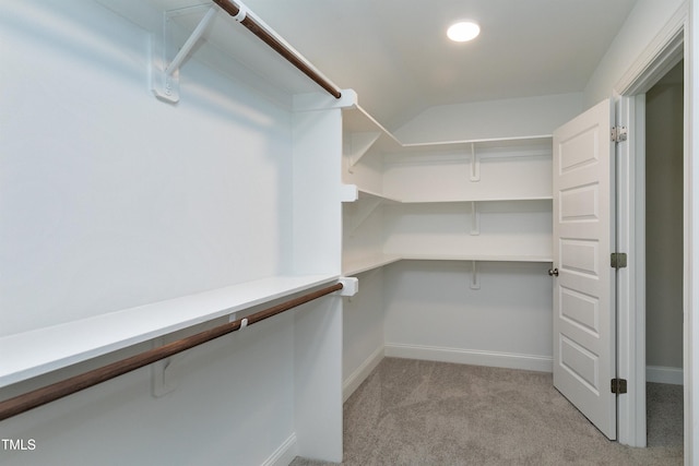 walk in closet with light colored carpet