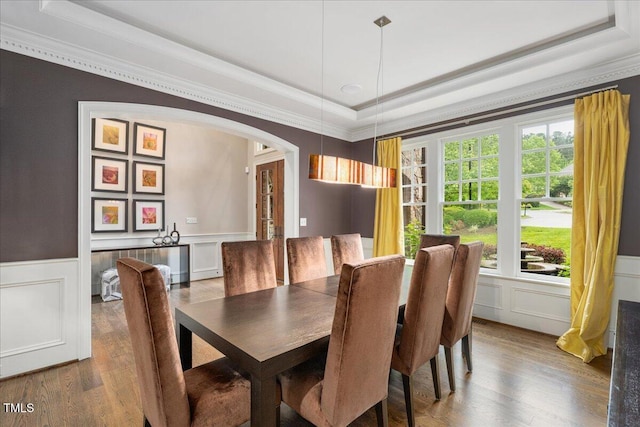 3601 Nightfall Ct, Raleigh, NC 27607 - dining room with a tray ceiling, crown molding, wood finished floors, arched walkways, and wainscoting