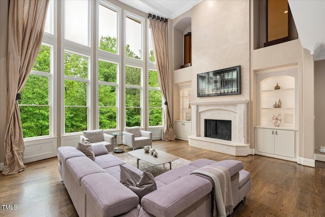 3601 Nightfall Ct, Raleigh, NC 27607 - living room with healthy amount of natural light, built in shelves, a high end fireplace, and a towering ceiling