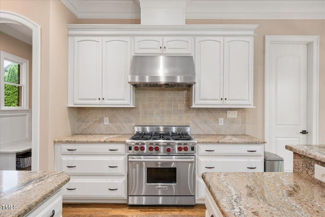 3601 Nightfall Ct, Raleigh, NC 27607 - kitchen with designer range, under cabinet range hood, ornamental molding, white cabinets, and light stone counters