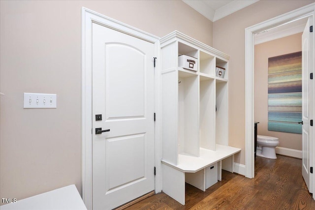 3601 Nightfall Ct, Raleigh, NC 27607 - mudroom with crown molding, dark wood-type flooring, and baseboards