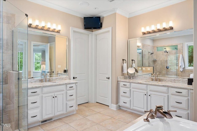 3601 Nightfall Ct, Raleigh, NC 27607 - bathroom featuring a shower stall, healthy amount of natural light, ornamental molding, two vanities, and tile patterned floors