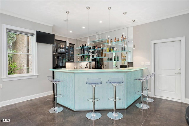 3601 Nightfall Ct, Raleigh, NC 27607 - indoor wet bar with fridge, baseboards, recessed lighting, pendant lighting, and ornamental molding