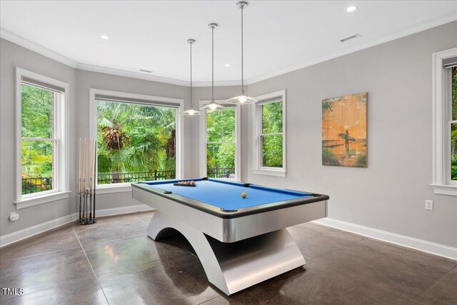 3601 Nightfall Ct, Raleigh, NC 27607 - playroom featuring finished concrete flooring, pool table, baseboards, recessed lighting, and crown molding